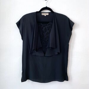 Vintage 70's GUCCI Silk Shirt‎ Black Cutout Inlay Ruffle Short Sleeve Size 40